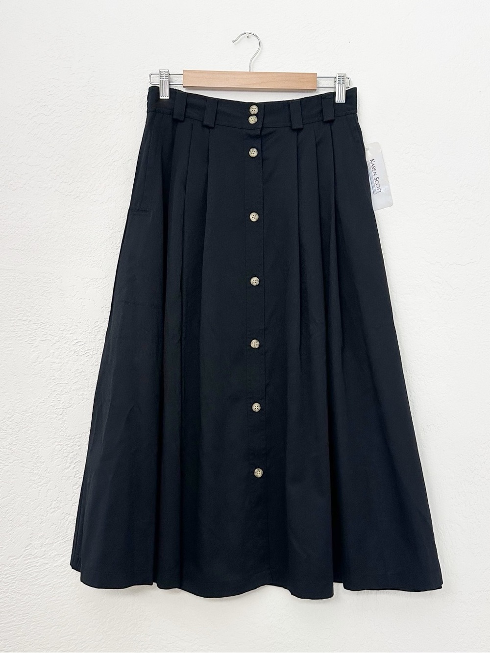 NWT Vintage 90s Karen Scott Black Button Front Midi Skirt with Pockets Size 12